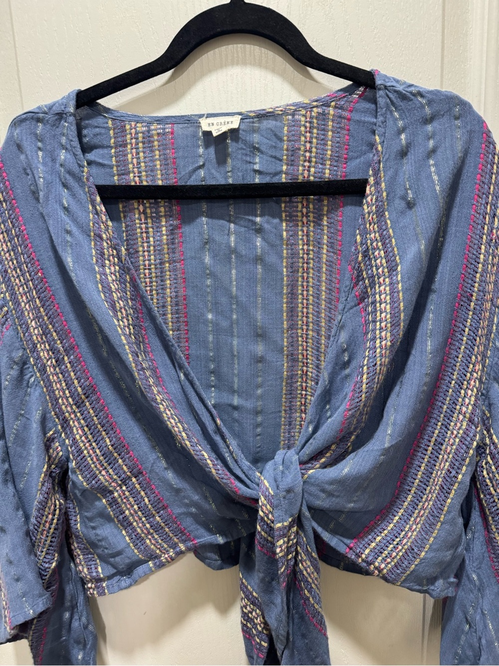 En Crème Blue Boho Tie Front Bell Sleeve Crop Top Size M